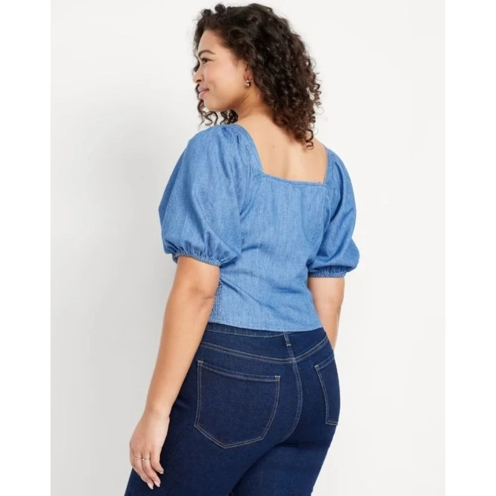 Old Navy Milkmaid Denim Chambray Puff Sleeve Square Neck Button Front Top 3X